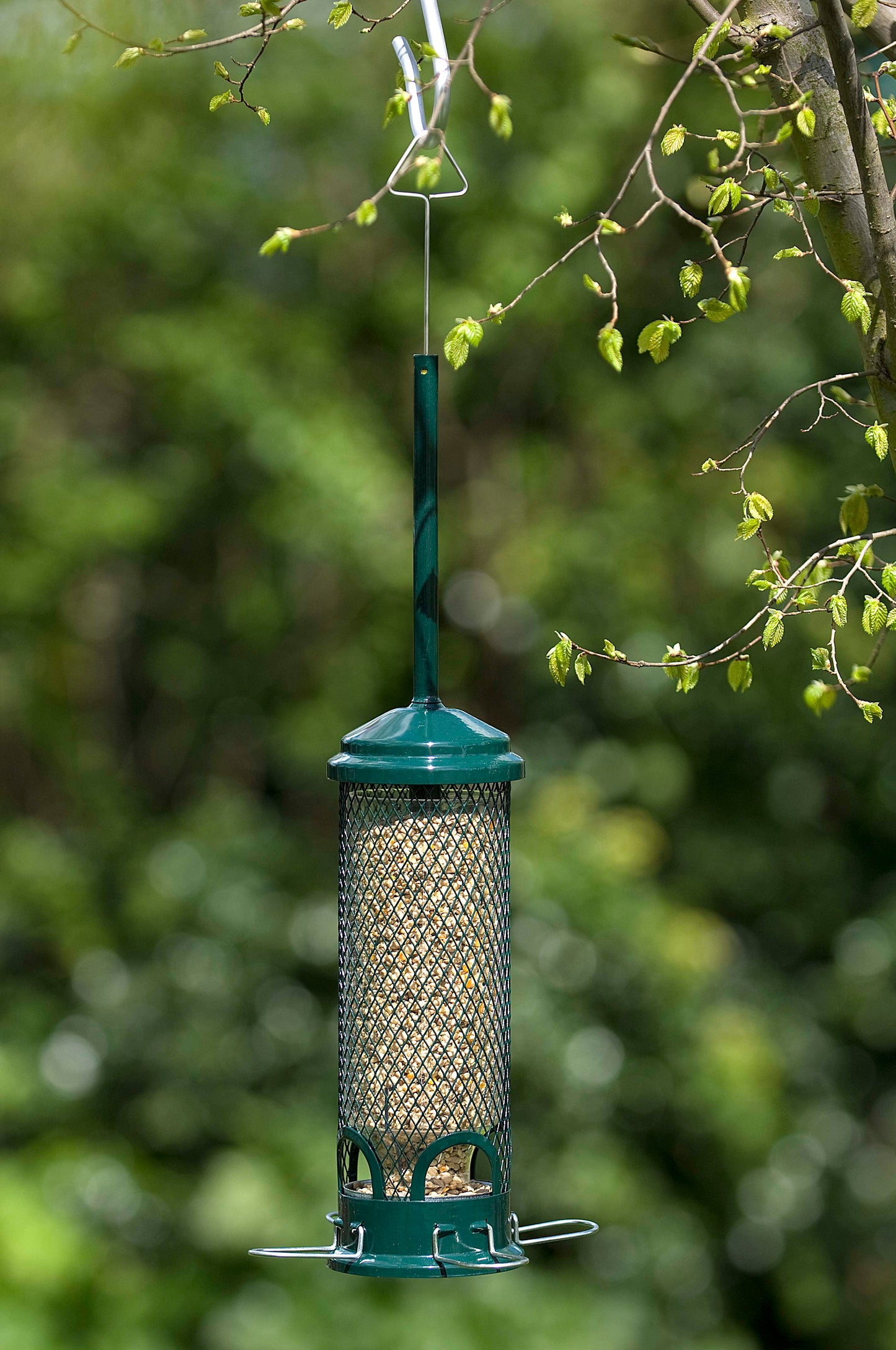 Green Squirrel Buster Mini filled with bird seed.